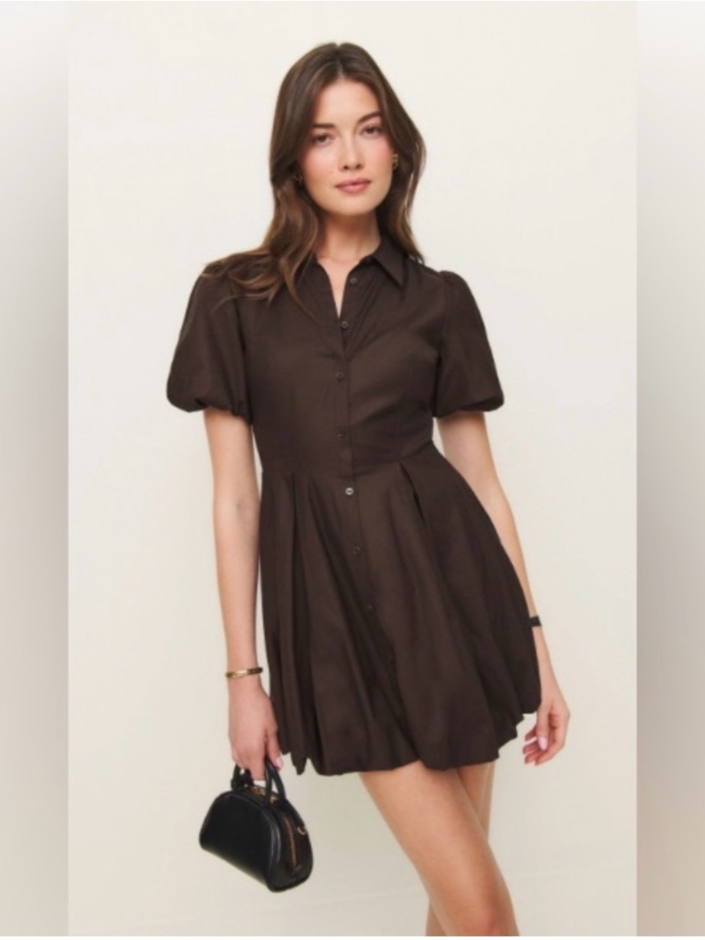 Reformation Dark Brown Mini Dress with puff sleeves | 10